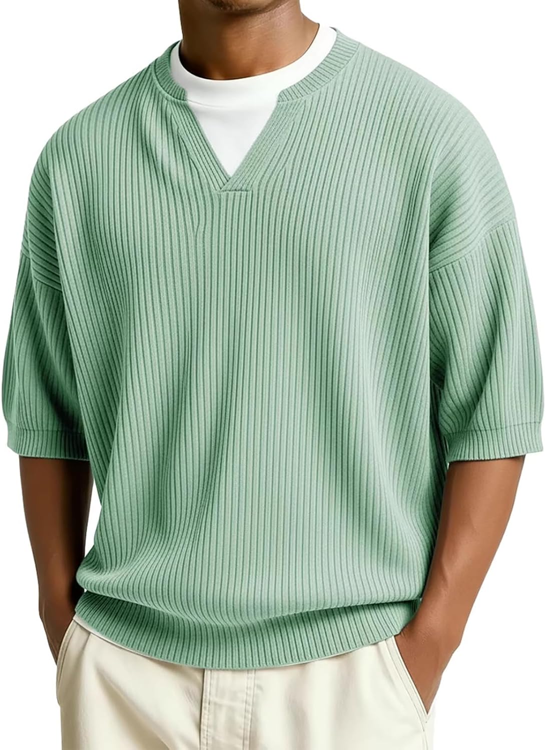 WENKOMG1 Men's Casual Soft T Shirt 3/4 Sleeve V Neck Textured Knit Fashion Tee Shirts, S-4XL