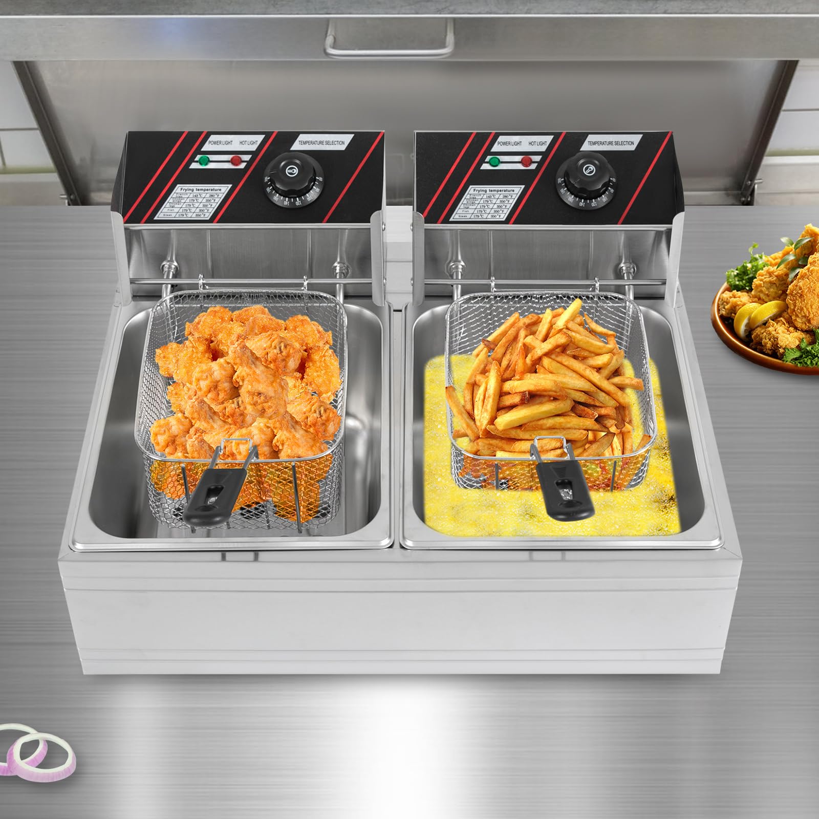 Freidora eléctrica de doble tanque de acero inoxidable, freidora eléctrica sumergible, doble freidora gourmet, con zonas frías comerciales profundas, plateada, para restaurantes
