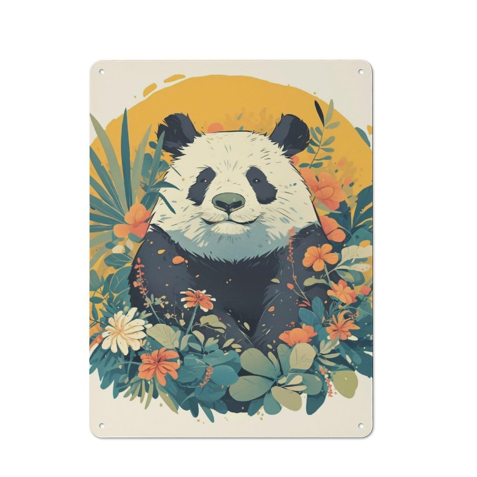 Rustic Panda in Floral Garden Illustration Tin Wall Sign 40x30cm, Kitchen Wall Decor for Bakery, Diner, Cafe Or Family Room