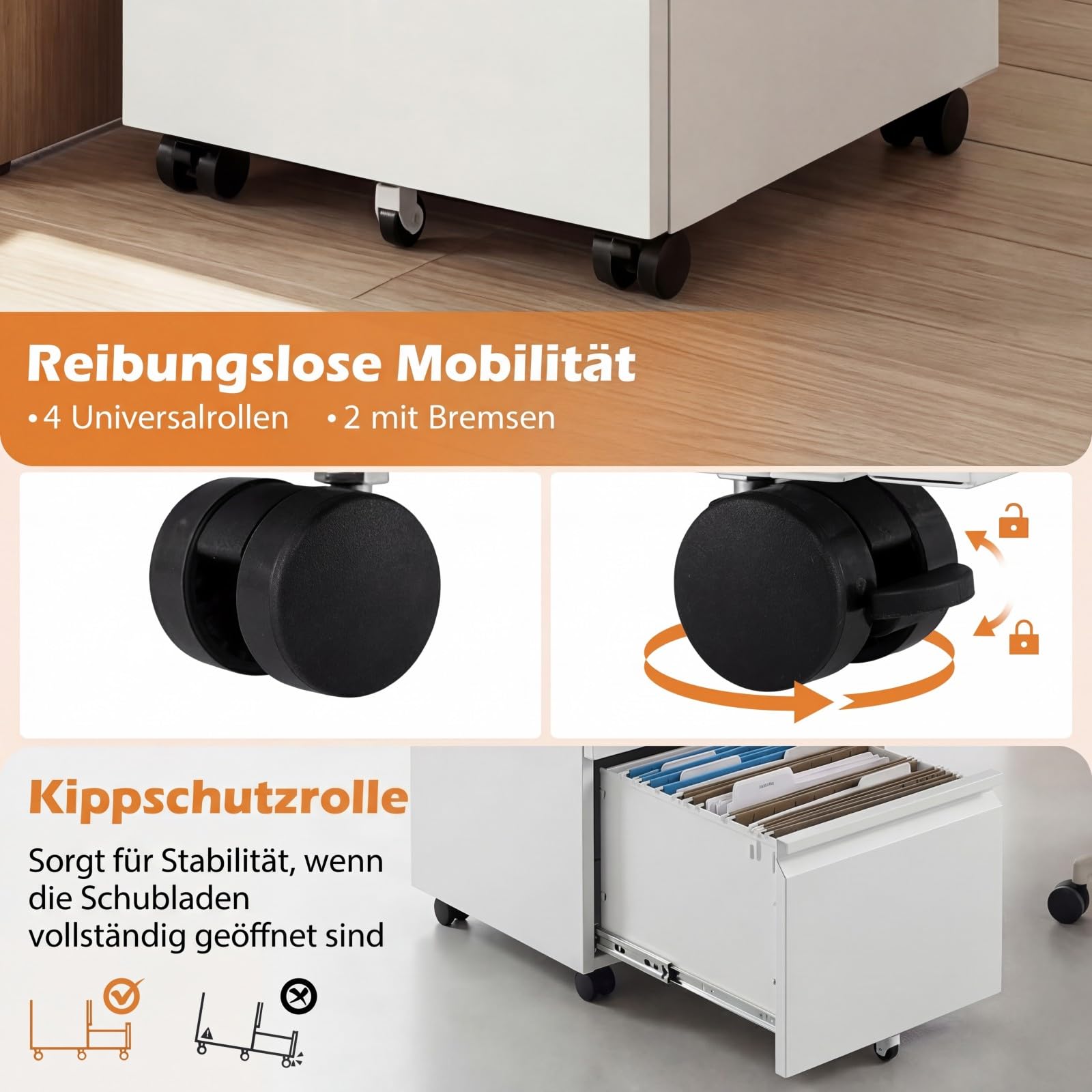 COSTWAY Rollcontainer abschließbar aus Metall, Aktenschrank unter Schreibtisch, Bürocontainer mit 2 Schubladen & Hängeregistratur für Dokumente, Metallschrank mit 5 Rädern, 44 x 37 x 67 cm (Weiß)