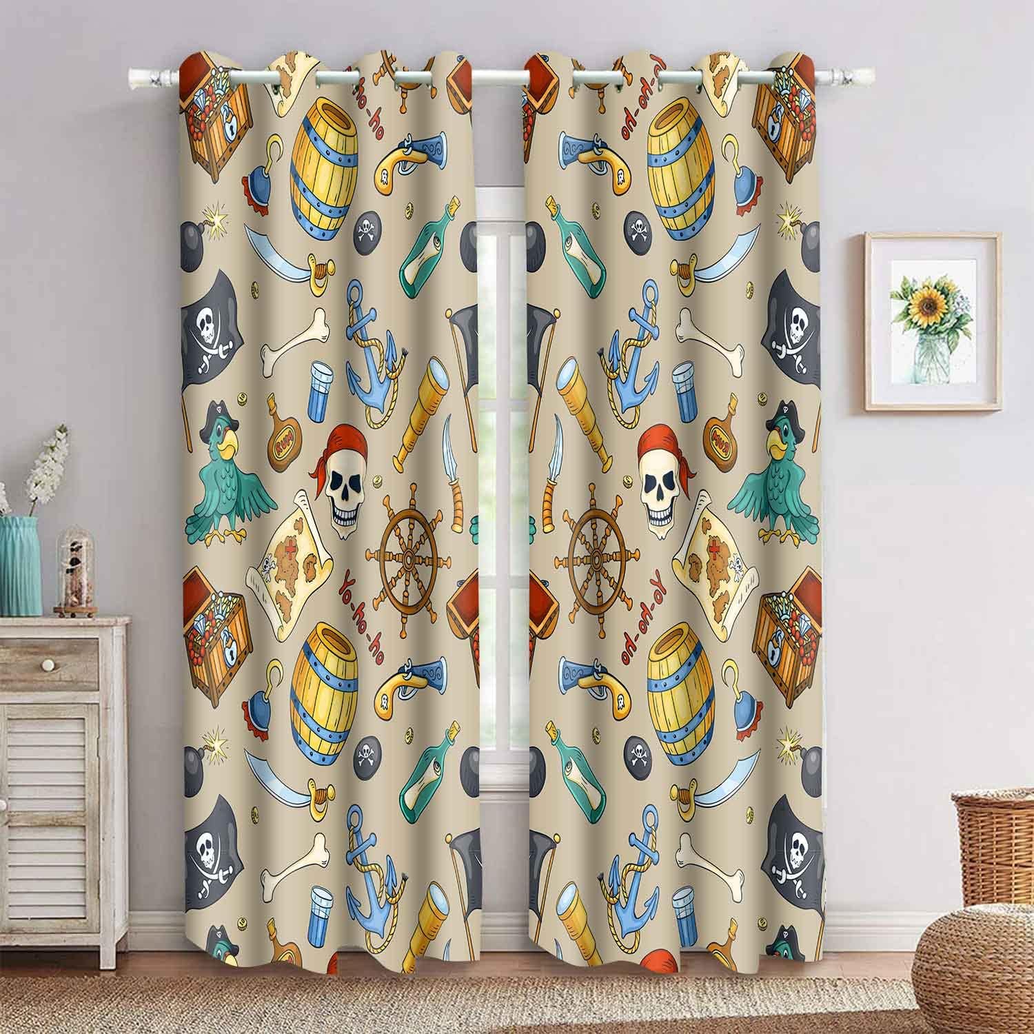 Pirate Treasure Hunt Theme Curtains for Kids Boys Bedroom Vintage Style Mysterious Pirate Captain Blackout Curtain Brown Nautical Printed Drapes for Living Room Guest Room 2 Panels 42x84inch