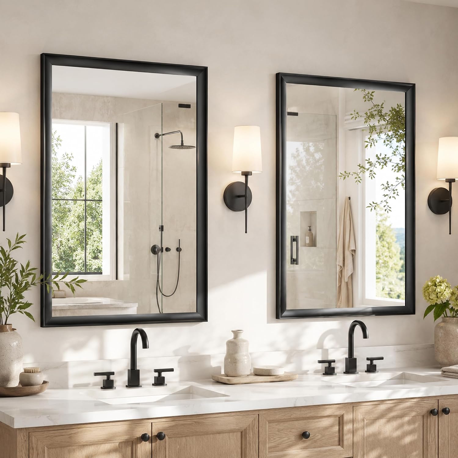 USHOWER 2 Pack Black Bathroom Mirrors for Over Sink 24x36 Inch, Aluminum Framed Rectangle Vanity Mirror for Wall, Bedroom, Living Room, Entryway, Anti-Rust, HD Tempered Glass, Horizontal/Vertical