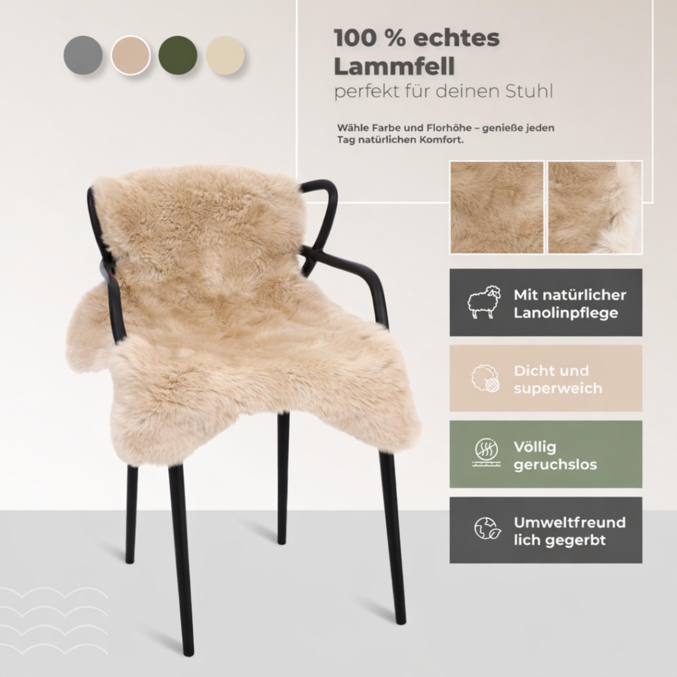 Peau de mouton australian véritable beige 100 x 60 cm [4-6 cm laine] fourrure pour chaise sans odeur en peau d'agneau véritable pour canapé, peau de mouton