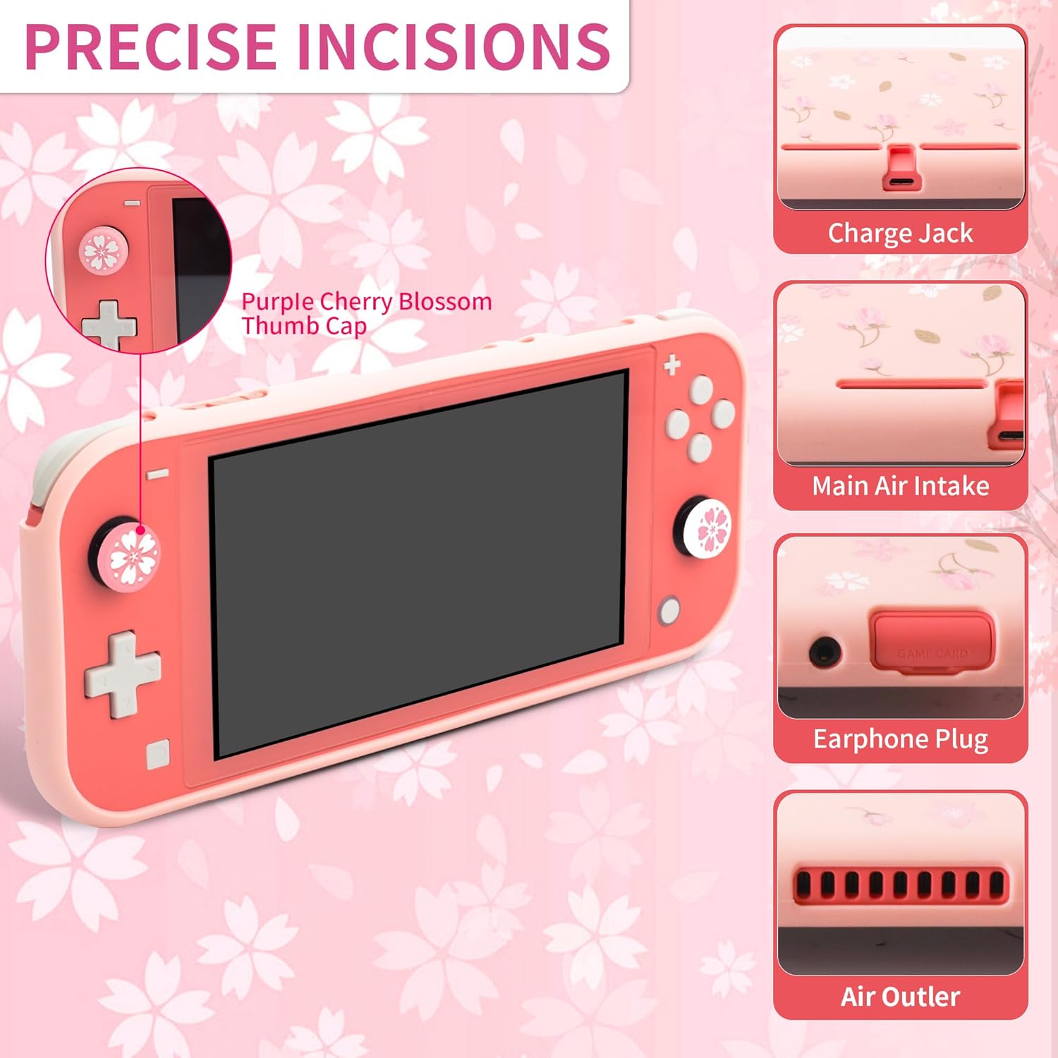 FUNDIARY Pink Sakura Carrying Case for Nintendo Switch Lite, Cute Travel Cases Girl Accessories Kit with Slim Potrable Storage Bag, Soft TPU Cover Case, Shoulder Strap and Thumb Caps - Image 5
