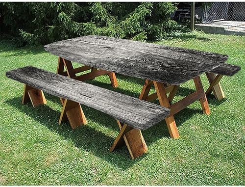 Mantel de mesa de picnic gris oscuro con fundas de banco, tablones de madera estilo degradado, madera rústica, pared de roble, imagen de textura