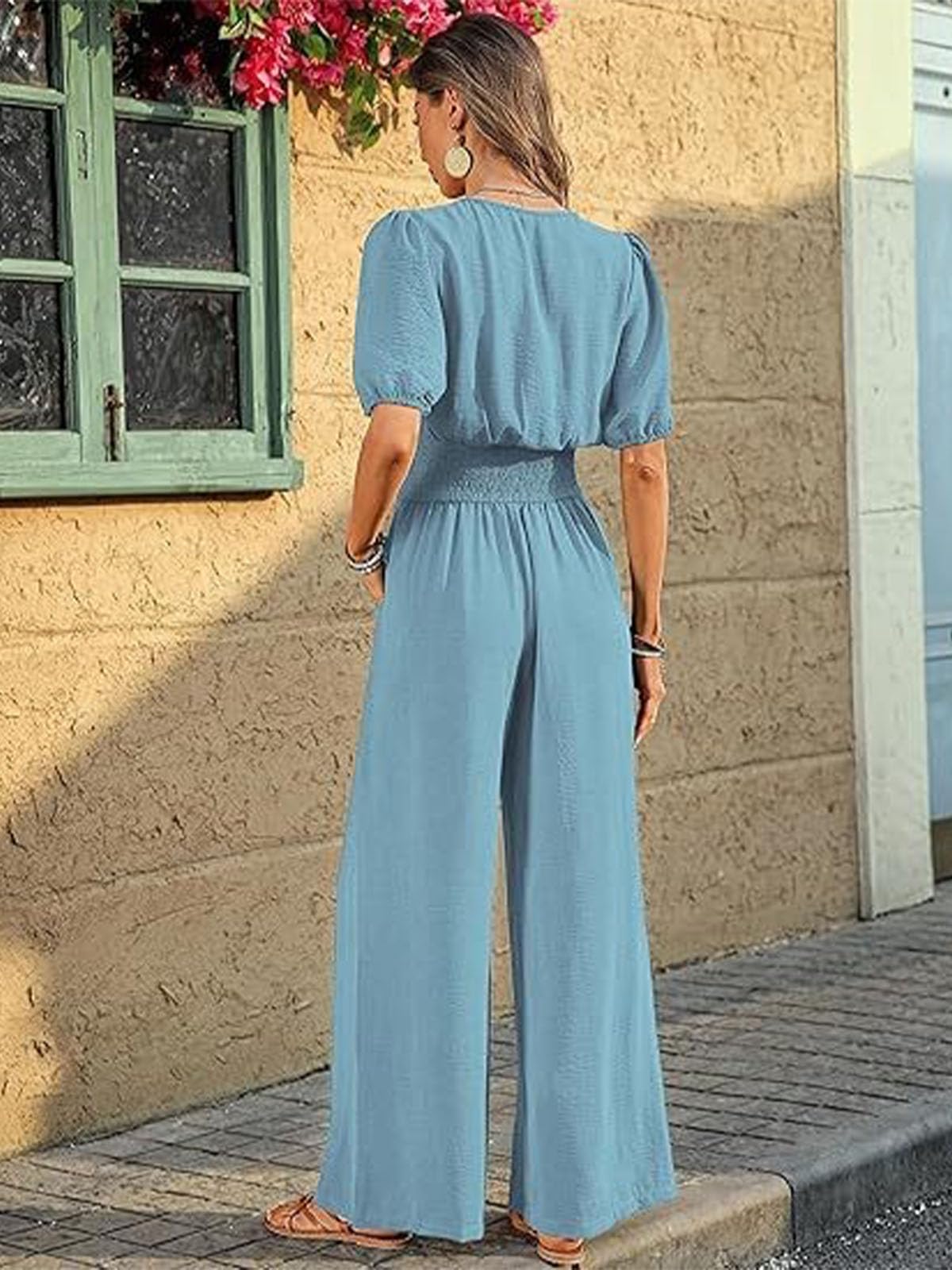 Jumpsuit Damen Sommer Kurzarm V-Ausschnitt Overall Elegant Taillenbetonender Jumpsuit Sommer Caual Playsuit mit Taschen