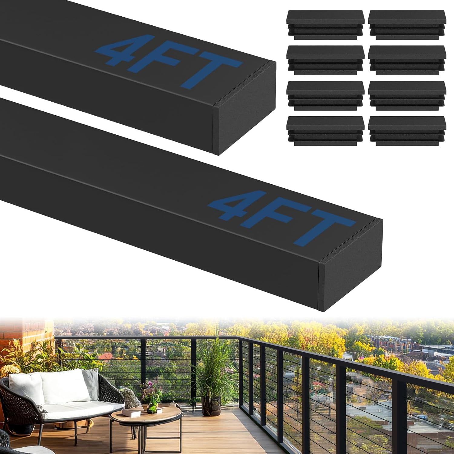 2Pack 4' Rectangular Cable Railing Handrails, Black Stainless Steel Handrail with Nylon End Caps for Stair Cable Railing System, 4FT Flat Top Cuttable Deck Cable Rail Post Handrail, RG01-H 4FT Handrail 2