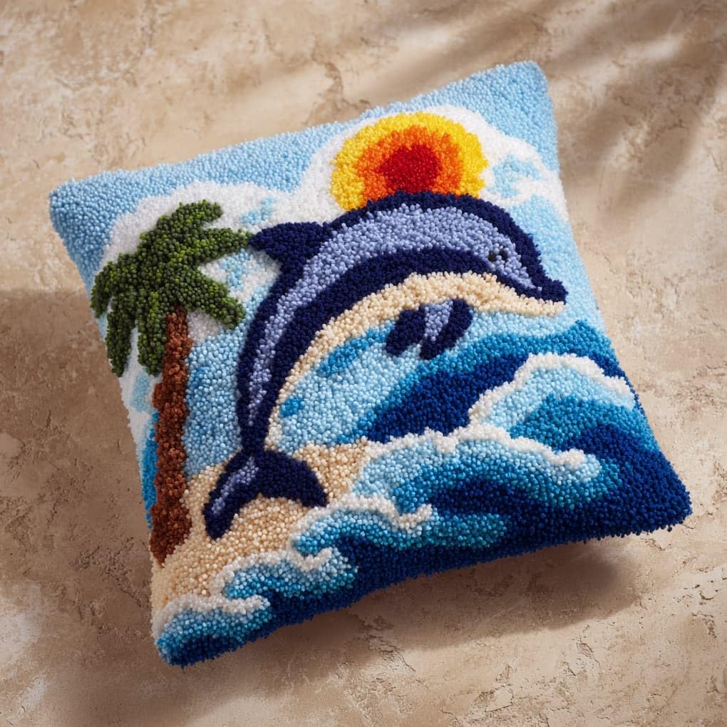 WallustrioaW Latch Hook Pillow Kits 43x43cm,Animal Dolphin