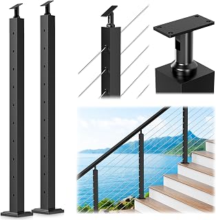 2 Pack 36" Aluminum Cable Railing Stair Post Perfect for Coastal Projects, 33° Drilled Wire Deck Post for 28-38 Degrees Stair, Black Coating Stair Post for Cable Railing System Outdoor Seaside