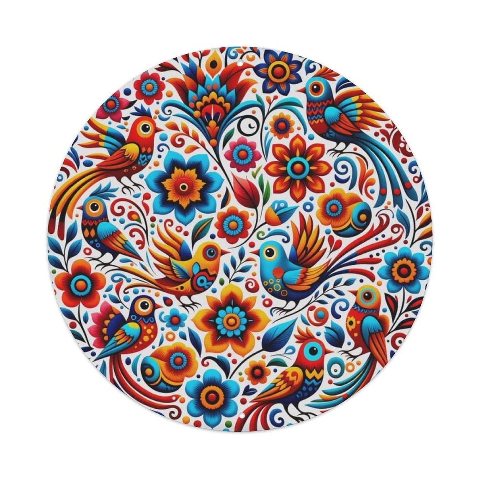 Ldfuieksufg Style Mexican Folk Colorful Birds Floral Round Decor Sign Vintage Aluminium Metal Sign, Retro Wall Decor For Home, Bar, Garage & Farmhouse 20X20cm