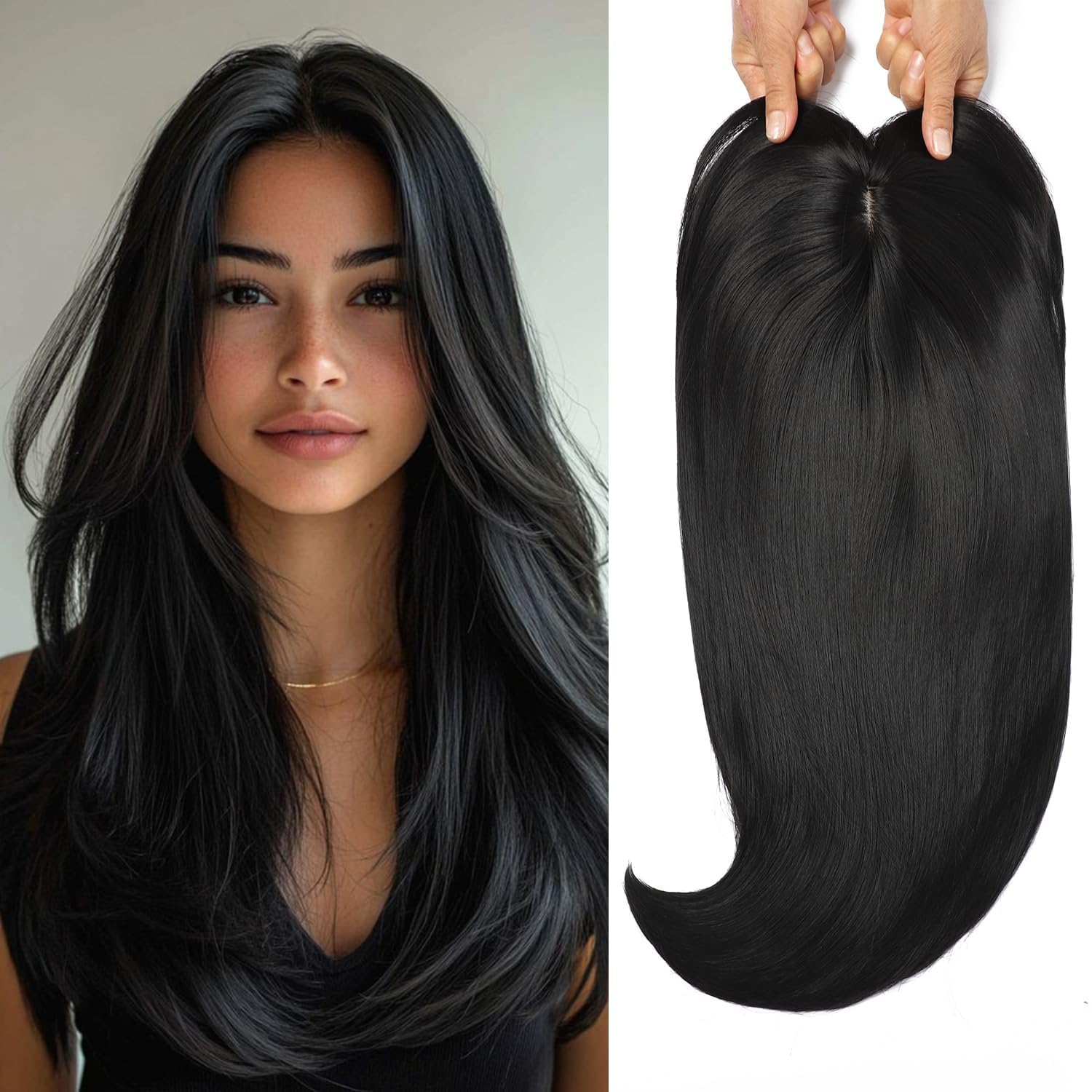 18 inch Hair Toppers for Women Thinning Hair Straight Hair Topper 6.5"x6.5" large Base with Bangs Hairpiece Synthetic Wig Clip In Hair Topper Light and Natural Hair Piece Black-image-45