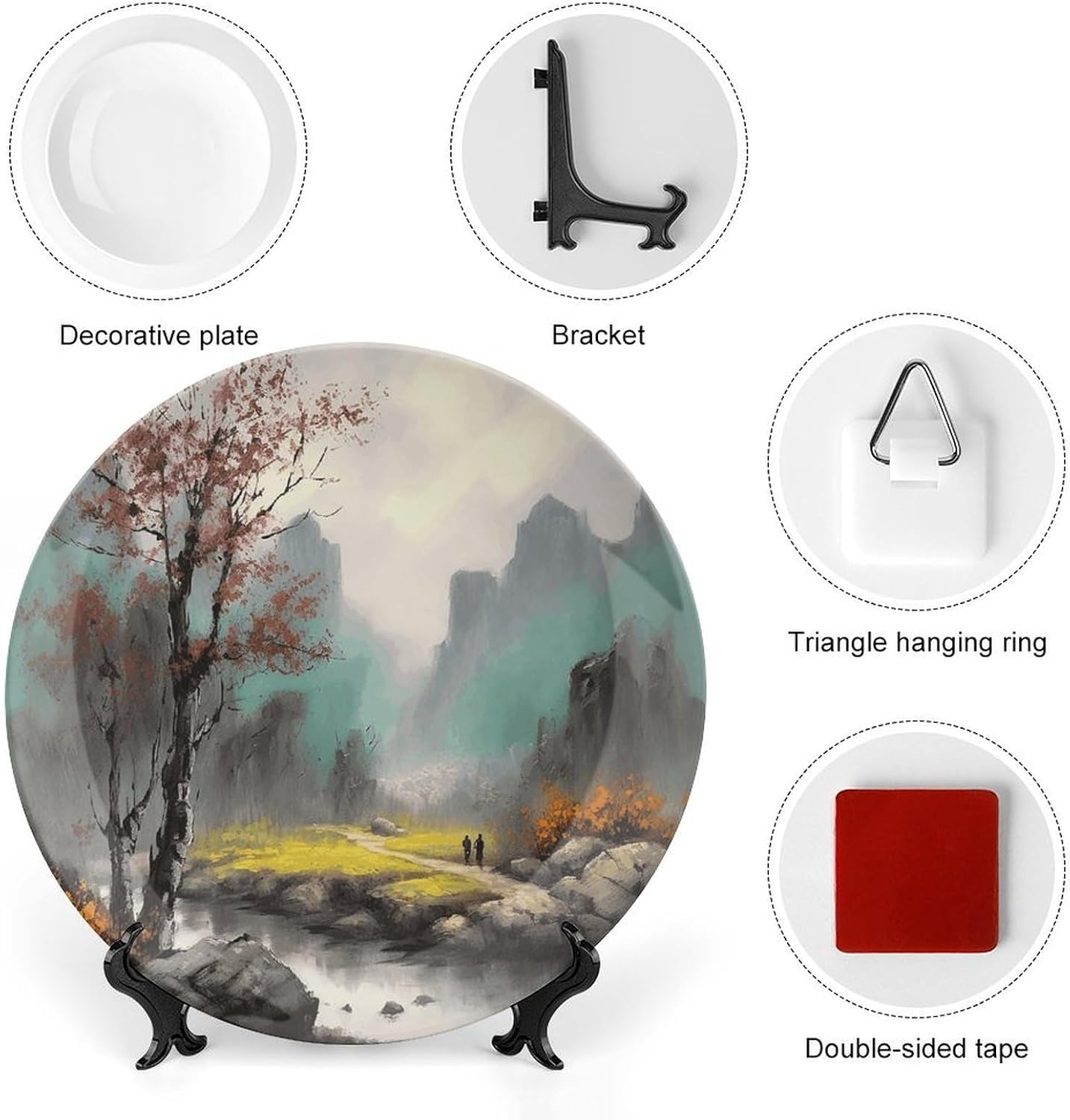 Landscape Painting Decorative Plates for Display Personalized Bone China Plates Home Wobble-Plate with Display Stand Hanging Decorative Plate Wall Or Table Decor