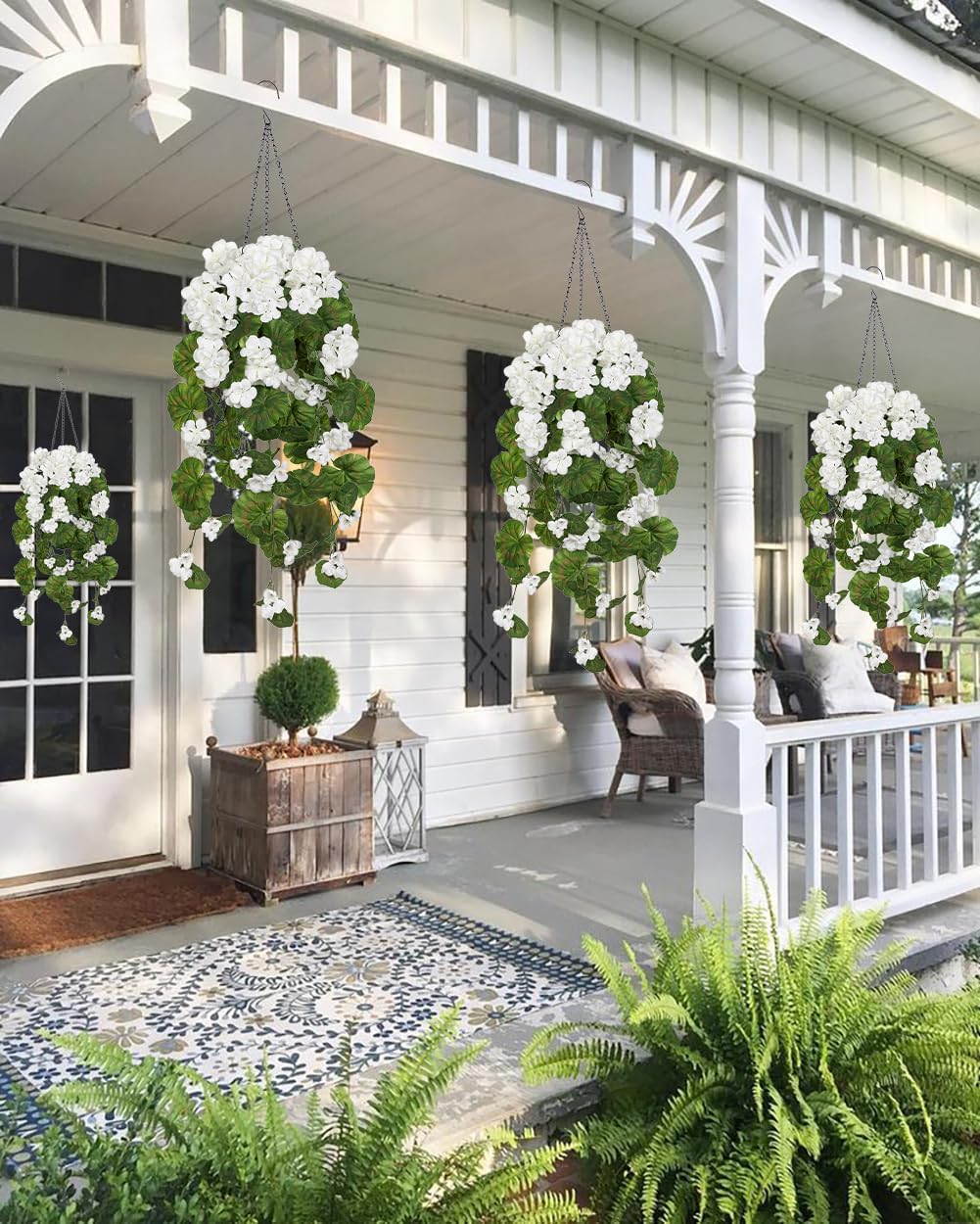 Briful Artificial Hanging Basket for Outdoor, White Geraniums Fake Hanging Flowers Realistic Silk Flowers & Greenery Faux Hanging Baskets for Indoor Patio Balcony Ceiling