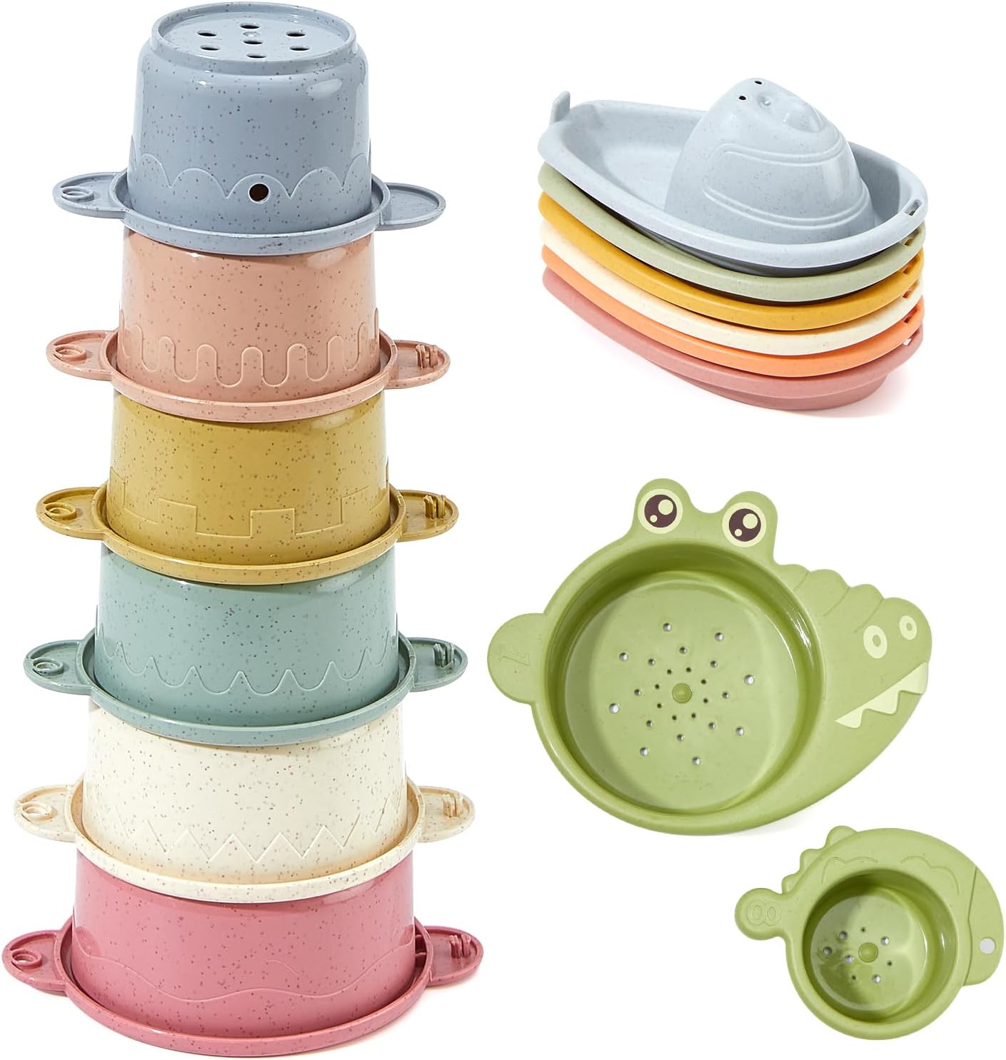 Bath Toys Floating Boats with Dinosaur Stacking Cups, 14 PCS Bathtub