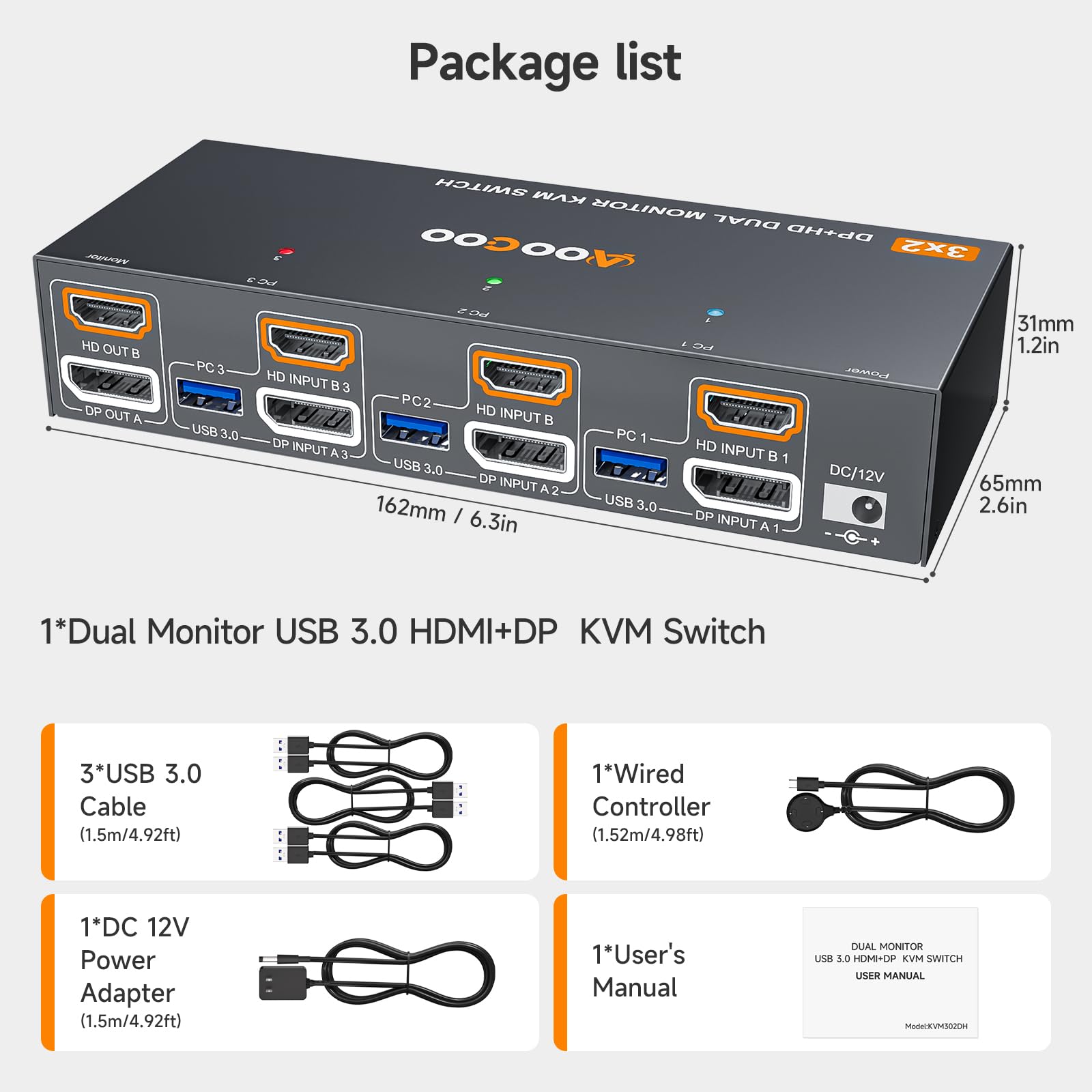 HDMI DP KVM Switch 8K@60Hz, Dual Monitore KVM Switches für 3 PC und 2 Monitor mit 4 USB 3.0 Häfen, Kabelfernbedienung, USB Kabel im Lieferumfang, Netzteil