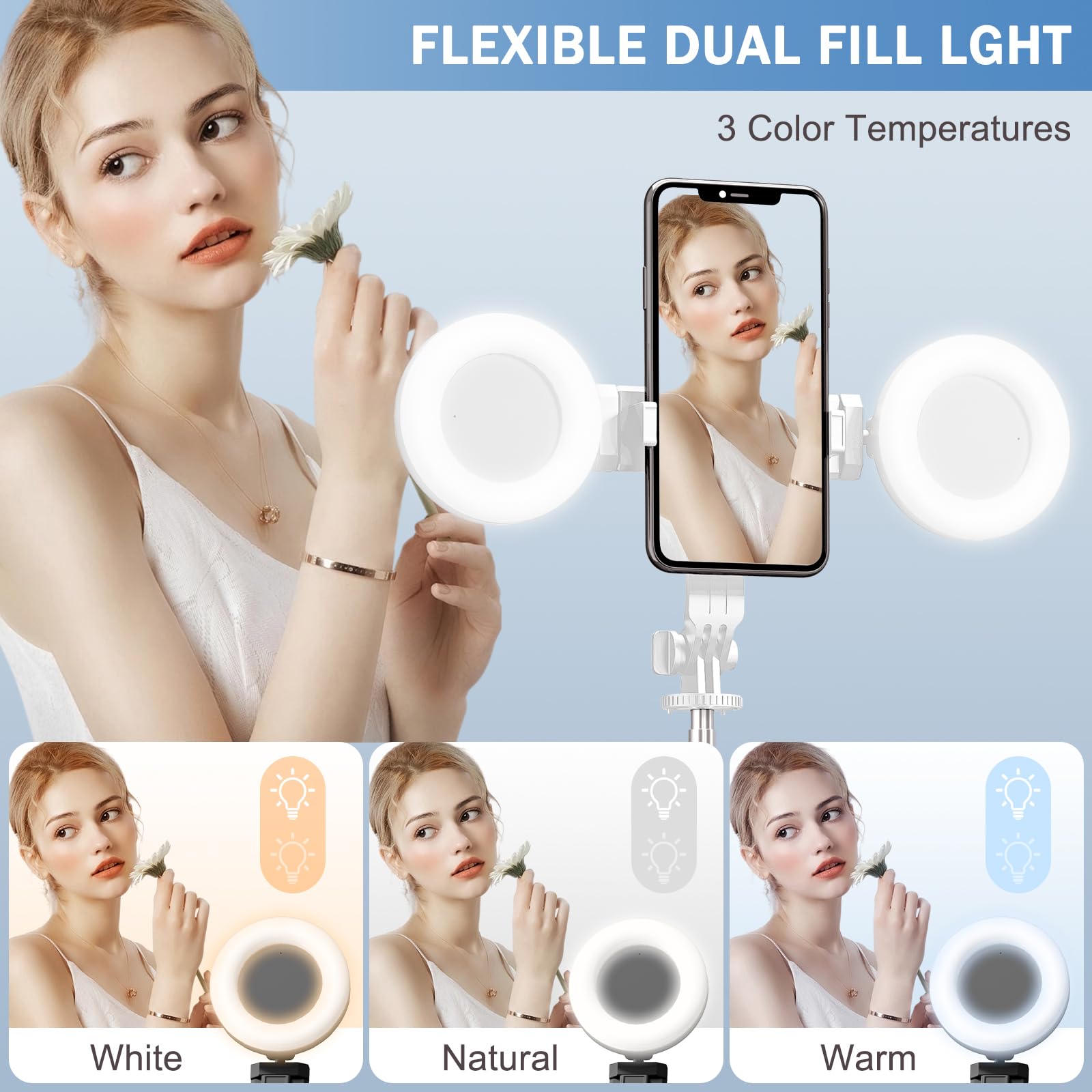 Treppiede per selfie con luce di riempimento, bastone per selfie per telefono, design in acciaio inossidabile resistente, telecomando Bluetooth e supporto stabile a tre gambe per trasmissioni in