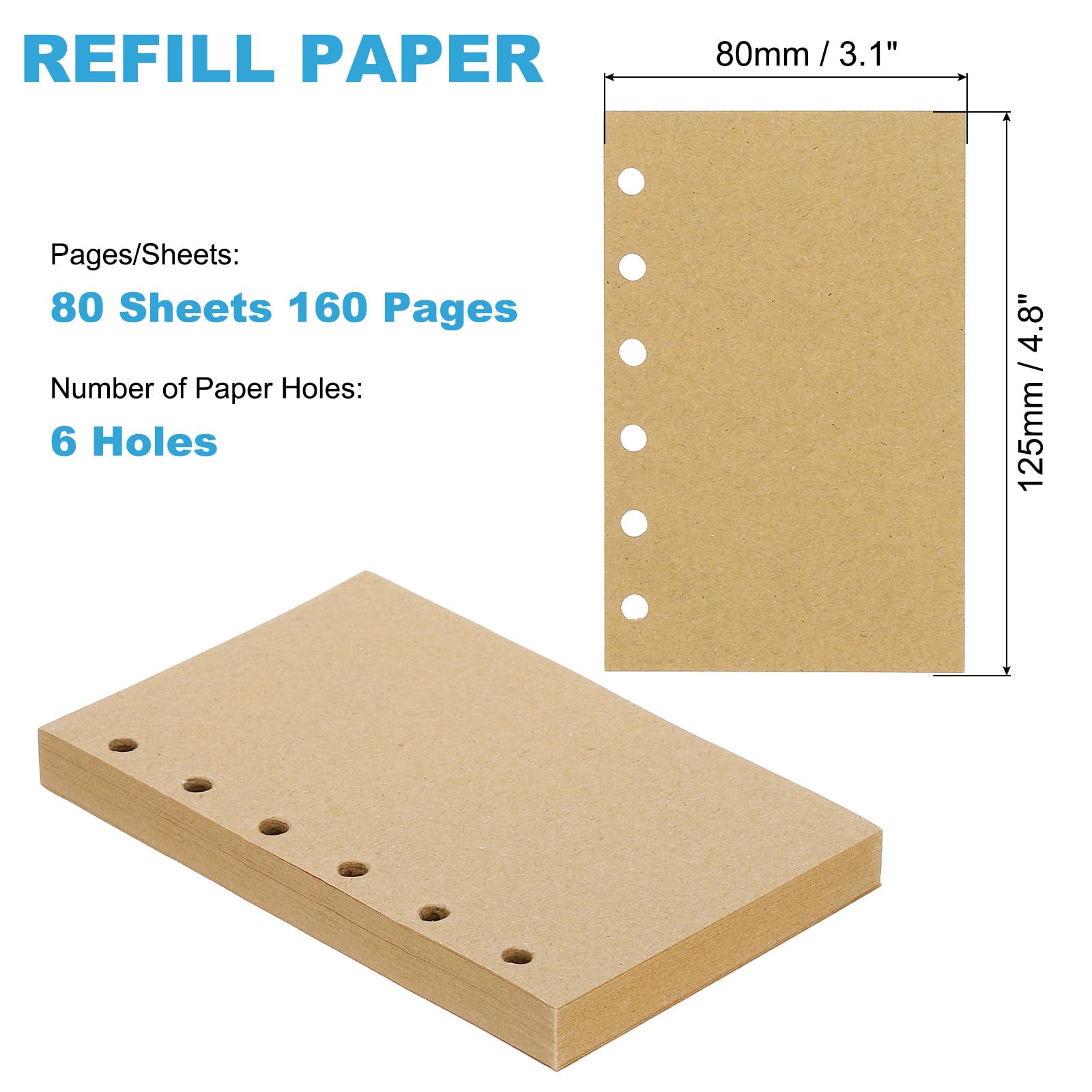 PATIKIL Papier kraft A7 non ligné rechargeable 6 trous 80 feuilles Beige