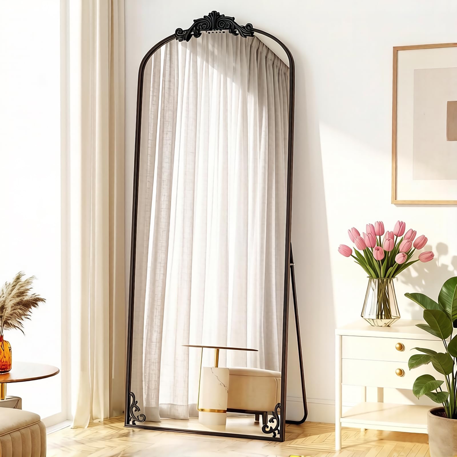 Espejo de Cuerpo Entero Estilo Barroco Vintage Espejos de Suelo Arqueado con Soporte para Dormitorio, Salón, Vestuario - Negro, 179x69cm | 70.5" L x 27.2" W