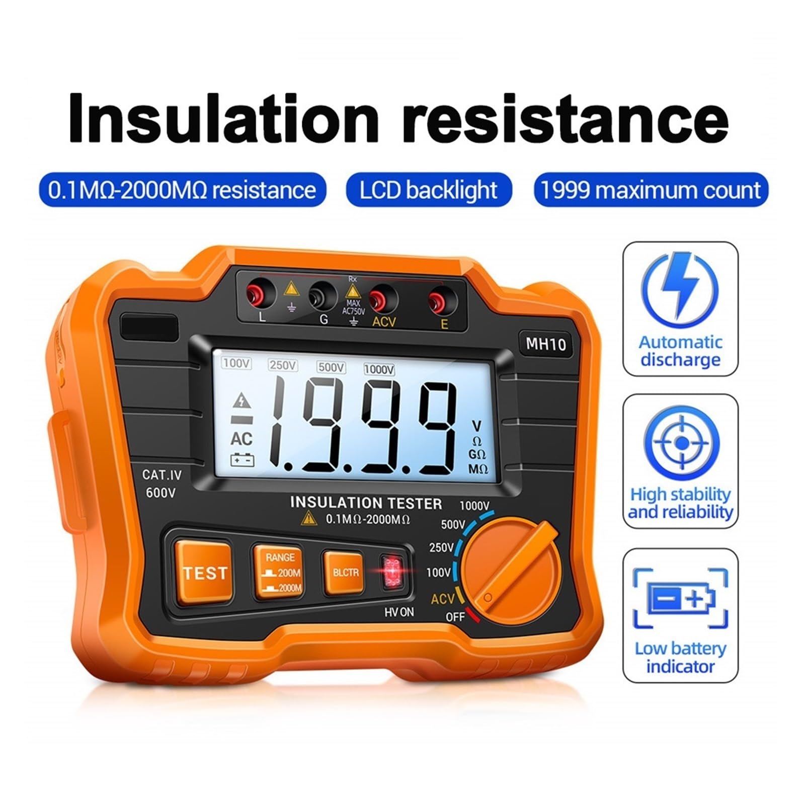 Cyfrowy Megaomomierz Do Pomiaru Rezystancji Izolacji, Miernik Uziemienia, Automatyczne Rozładowanie Napięcia AC/DC, Tester LCD Wysoka CzułOść(Orange)