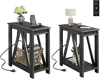 WLIVE End Tables Living Room Set of 2 with Charging Station, Sofa Side Tables with Open Storage Shelf, Slim Farmhouse End Table Sets, Charcoal Black
