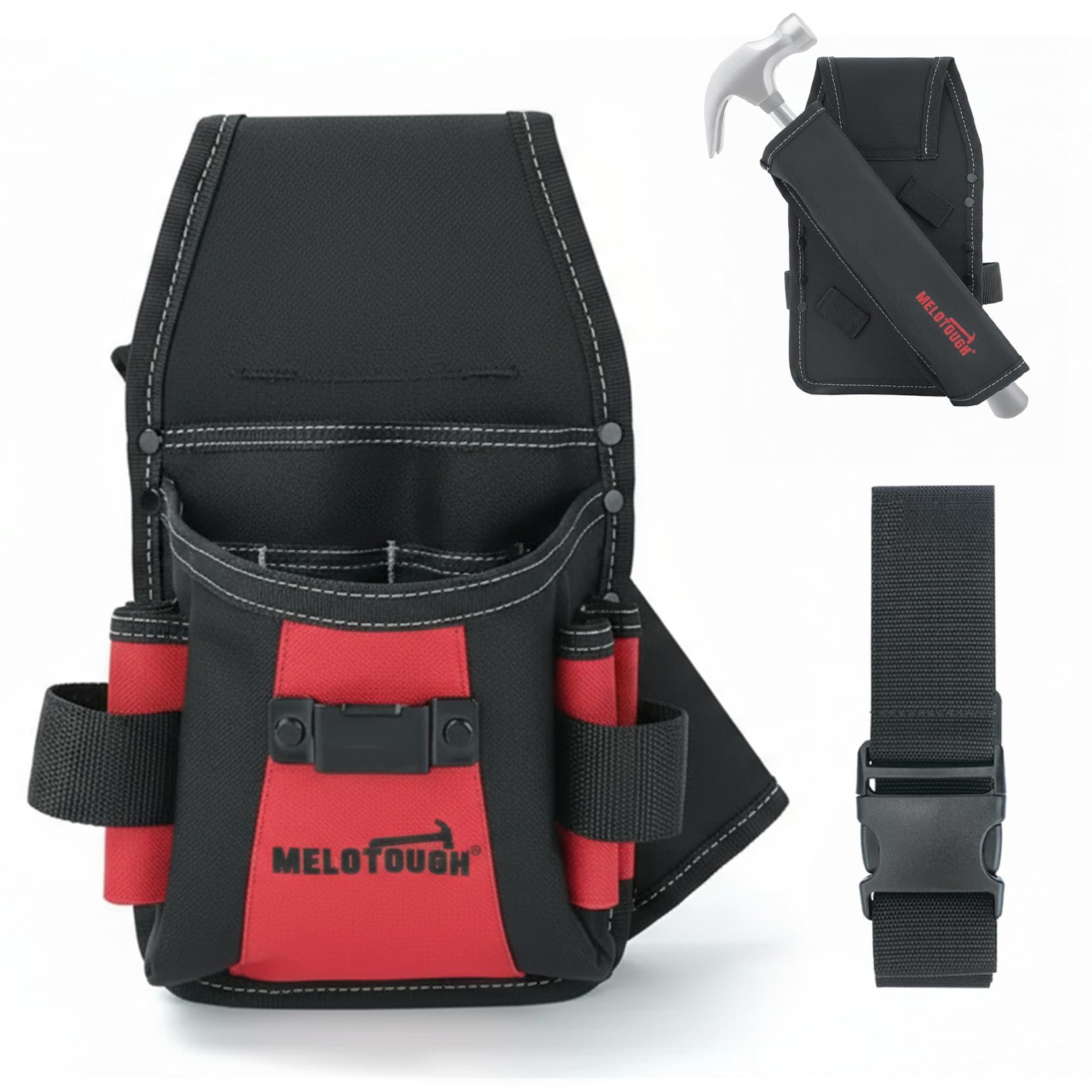MELOTOUGH Electrical Tool Pouch with Belt, Small Tool Pouch,Construction,Hammer Loop,Taper Measure Holder,Red