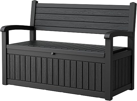 80-Gallon Lockable Outdoor Storage Bench, Waterproof Outdoor Deck Storage Boxes, Resin Patio Deck Bench with Hidden Storage, All-Weather Deck Box for Patio Black