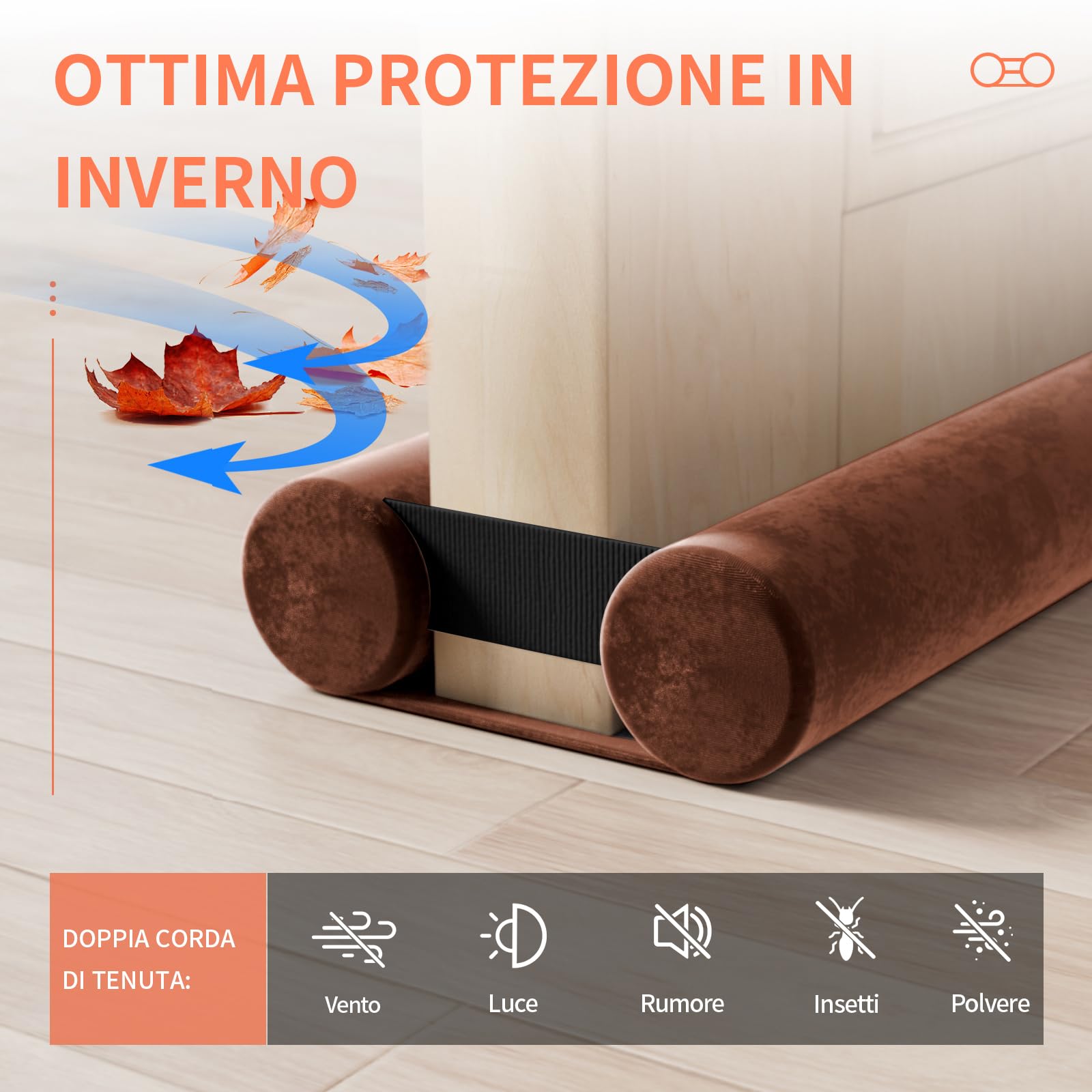 BKSAI Paraspifferi per Porte Guarnizione Inferiore Porte Senza Colla | Paraspifferi Doppia Guarnizione Isolante Termico Insonorizzato Antivento, Paraspifferi Sottoporta per Porte 60-75 cm Marrone