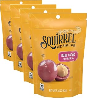 Squirrel Brand Ruby Cacao Macadamias, 3.25 Ounces, Resealable Bag, Gluten Free, Kosher, Snacks for Adults and Kids, Fair Trade Certified Cocoa (Pack of 4)