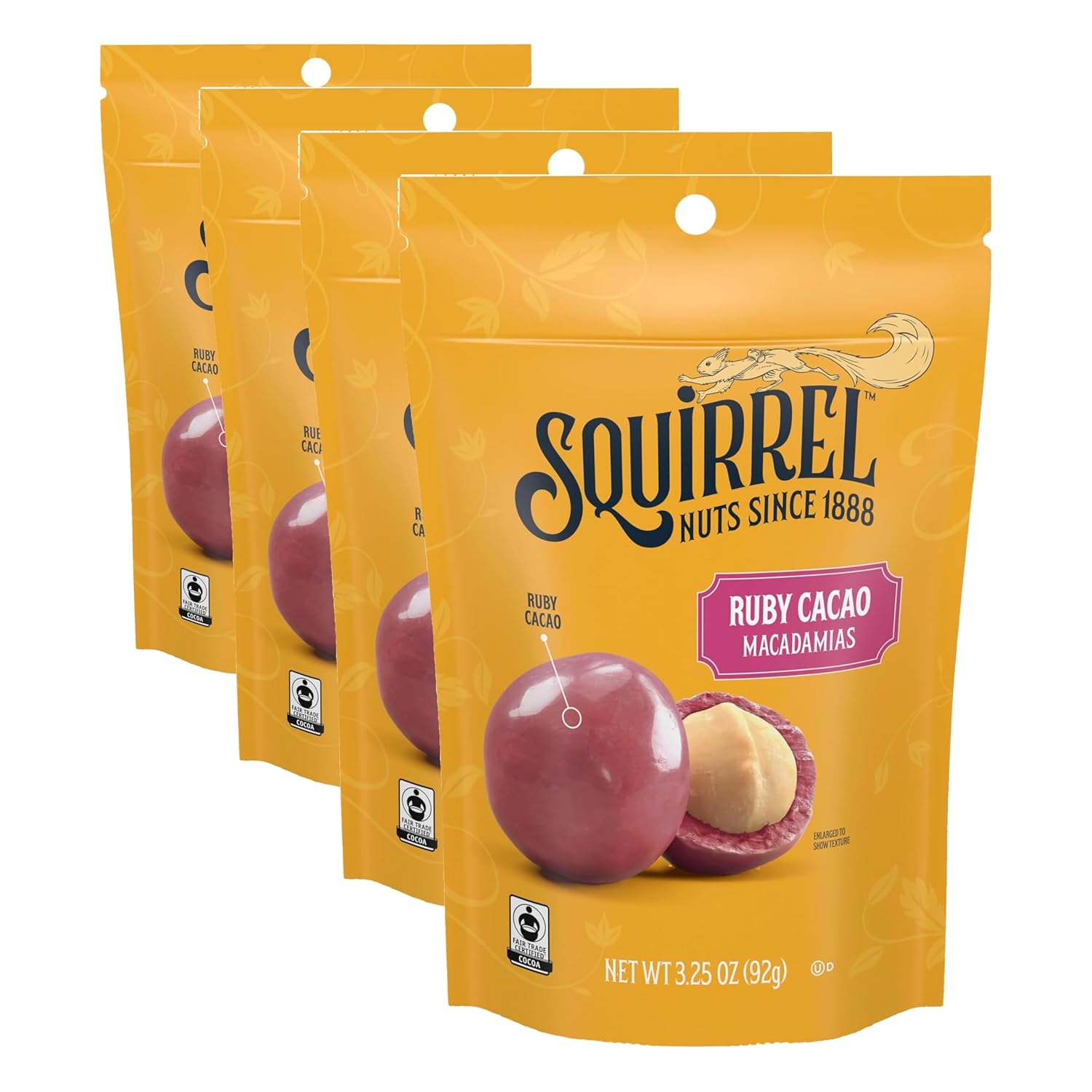 Squirrel Brand Ruby Cacao Macadamias, 3.25 Ounces, Resealable Bag, Gluten Free, Kosher, Snacks for Adults and Kids, Fair Trade Certified Cocoa (Pack of 4)