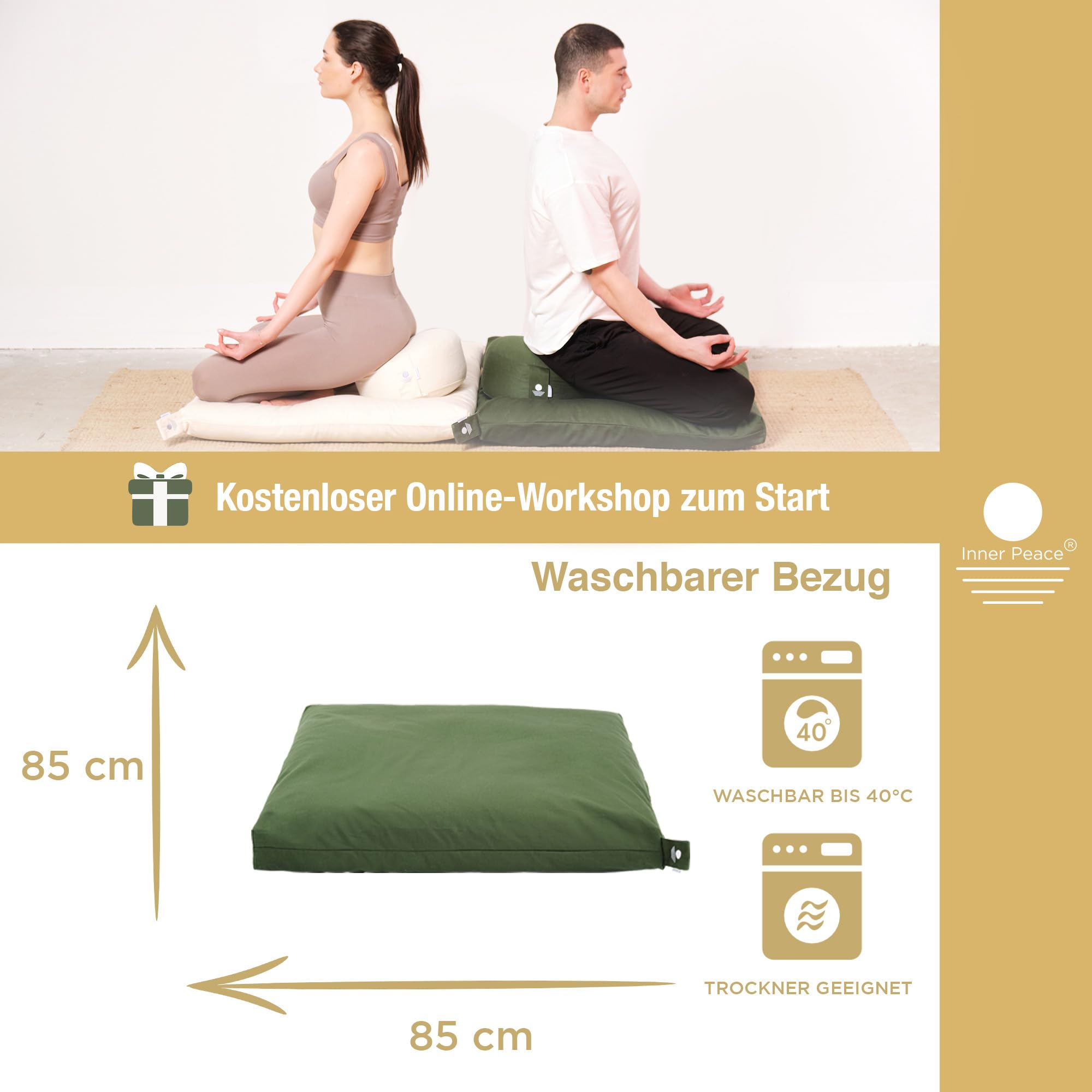 Inner Peace Zabuton Meditationsmatte | 100% Bio Baumwolle | Nachhaltig & Ergonomisch | Waschbarer Bezug | Unterlage für Meditationskissen | Zen Matte für Yoga & Meditation |Oeko-TEX Standard 100 | Extra dicke Füllung, Kissen-Unterlage für Yoga & Meditatio