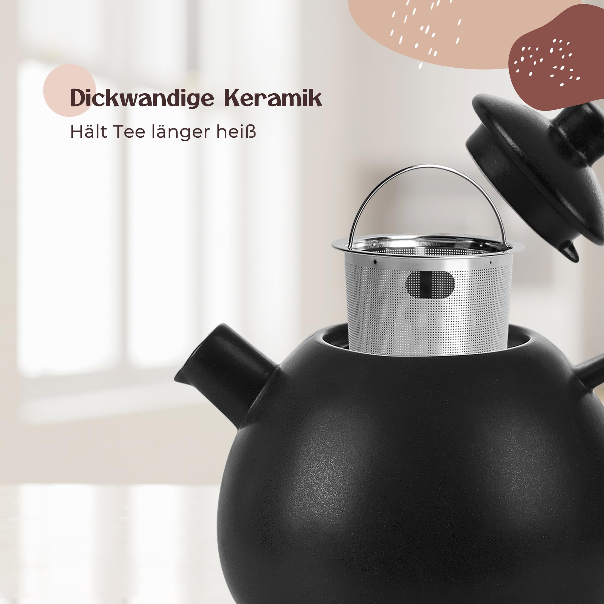 Duża dzbanka do herbaty z sitkiem - 1,4 l - dzbanka do herbaty ceramiczna - nowoczesna dzbanka do herbaty z sitkiem na luźną herbatę, trwała i neutralna w zakresie aromatu (Antracyt)
