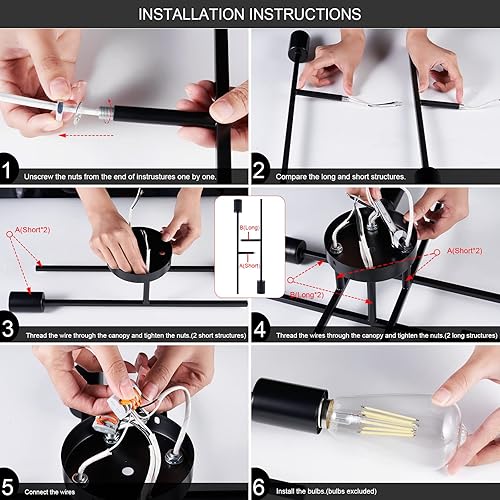 Miniatura 60 de Sputnik Candelabros, lámpara de techo moderna semiempotrada con base E26, lámparas industriales de mediados de siglo para cocina, granja, Negro