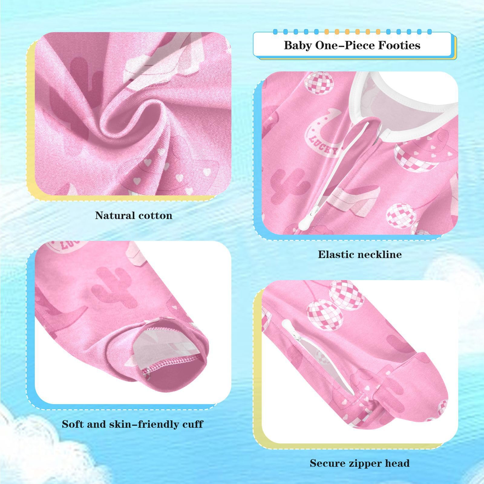 Cowboy Cowgirl Disco Ball Baby One-Piece Footies Shoes Lucky Newborn Rompers Pajamas Cotton Footed Pjs for Sleep Play Boys Girls 9 Month