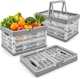 3 Pack Collapsible Storage Basket with Handles - 20L | Stackable Storage Crates for Organizing, Foladable Plastic Storage Bins for Car Trunk, Pantry, Toys, Snack