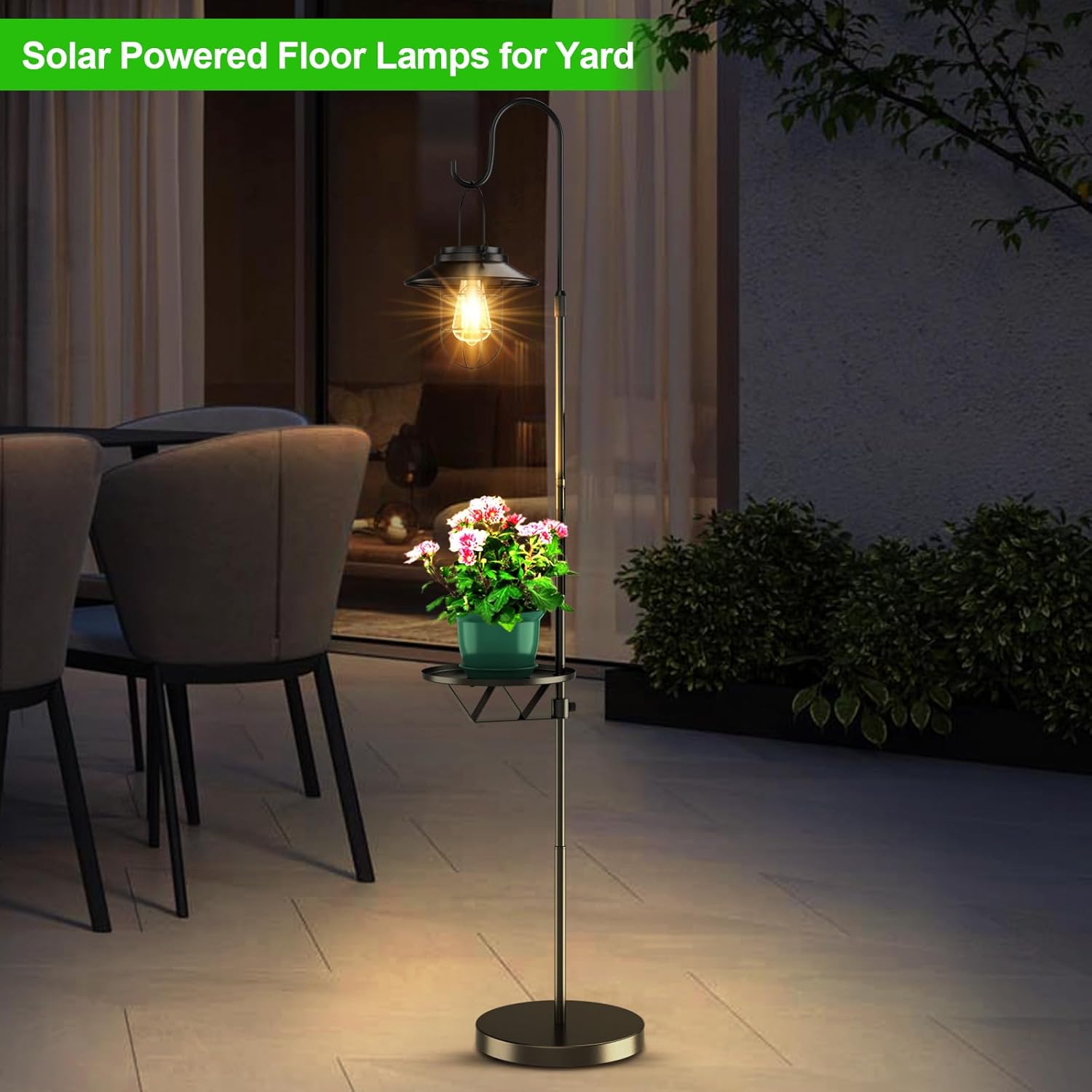 60.62'' Shepherd's Hook Stand Plant with Solar Lantern, Outdoor Floor Lamp, Wind Chime Hanger Stand, Waterproof Metal & Adjustable Height Standing Pole Holder Garden Light for Patio, Porch, Deck Decor