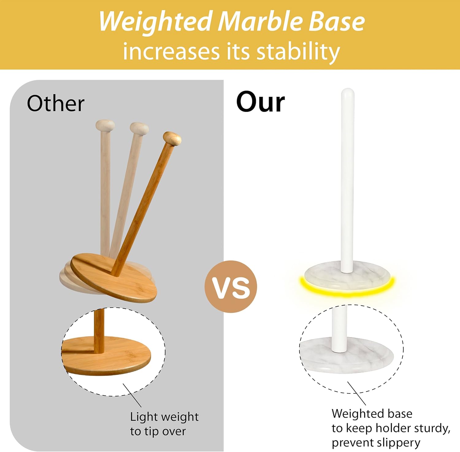 Creative Home Natural Marble Base Paper Towel Holder Countertop, Stable Roll Dispenser with Powder Coated Pole for Kitchen Bathroom, Elegant Organization Décor, 5.5 D x 12.6 H Inch, White