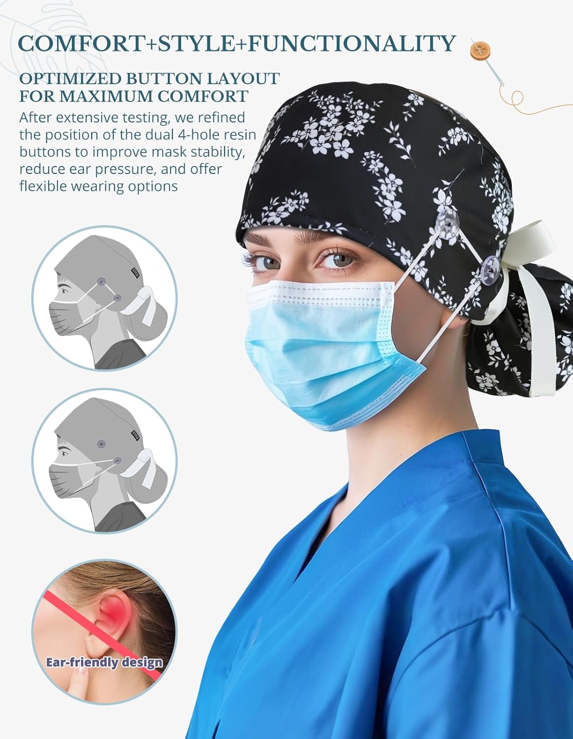 Scrub Caps Women Ponytail – Black & White Blossom Double-Sided Printed Surgical Hat with Buttons and Sweatband, Soft Nurse Cap for Long Hair, Helps Reduce Static Buildup - Image 7