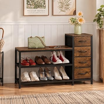 EXOTICA Industrial Shoe Storage Bench with 4 Drawers & Seat, Rustic Brown | 3-Tier Entryway Shoe Rack Bench; 4 Fabric Drawers; Wooden Top; Hallway Storage; Rustic Brown Finish