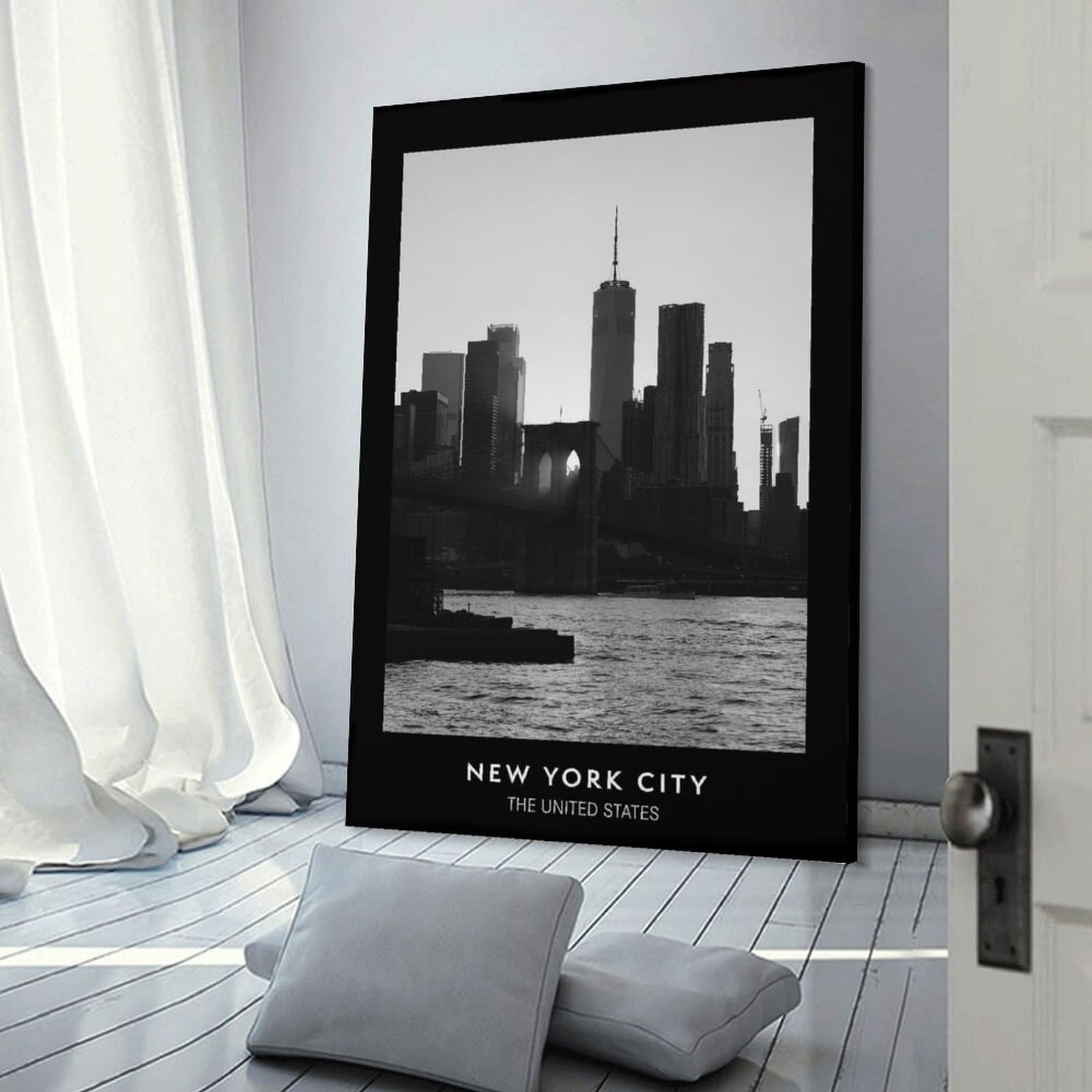 Junmoney Frame-Style-19 Canvas Wall Decor Nyc Skyline & Brooklyn Bridge, 20X30inch(50X75cm), For Lounge Decor, Bedroom Walls Or Flats, Eye Catching Artwork For Blank Walls