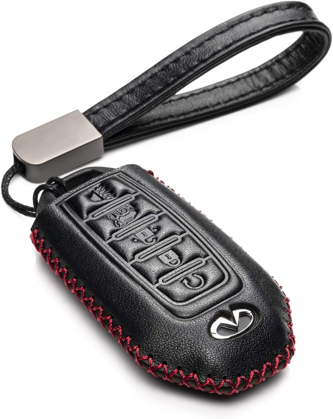Vitodeco Leather Smart Key Fob Case Cover Protector Compatible for Infiniti QX50, QX55, QX60, Q50 (2018-2026 Models) - 5-Button, Black/Red