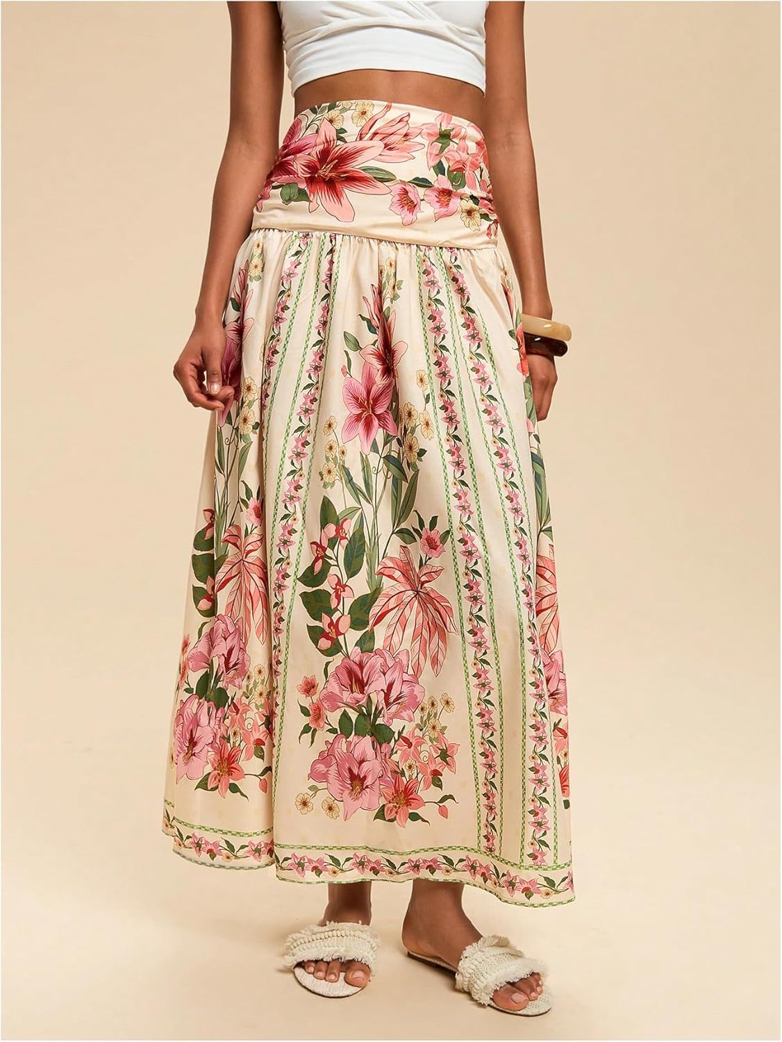 Verdusa Women's Boho Floral Print Maxi Skirt Shirred High Waisted A Line Flowy Long Skirts - Image 3