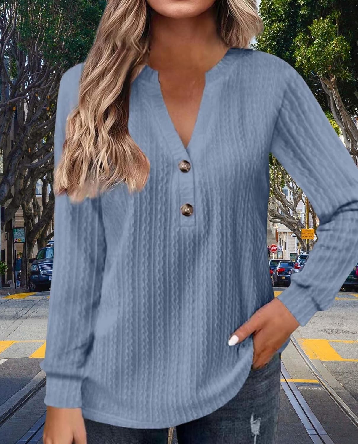 2025 Fashion Must Have Womens Long Sleeve V Neck Henley Shirt Loose Casual Shirt Warm Winter Knitwear - Image 6