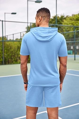 Vista 4 de COOFANDY Conjunto deportivo de 2 piezas con capucha para hombre, manga corta, casual, deportivo, con capucha y pantalones cortos