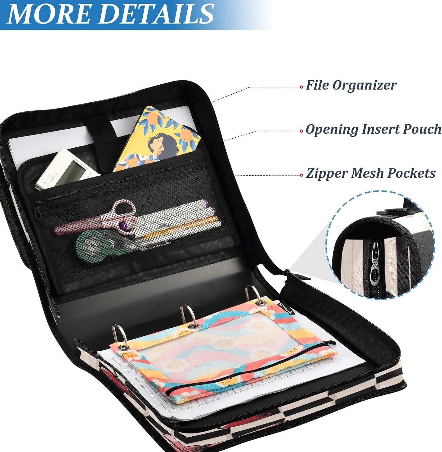 Blueangle Cherry Bow Plaid Zipper Binder, 1.5-Inch 3-Ring Binder Bag Holds 500 Pages, Multi-Pocket Zipper Organizer with Adjustable Strap & Handle