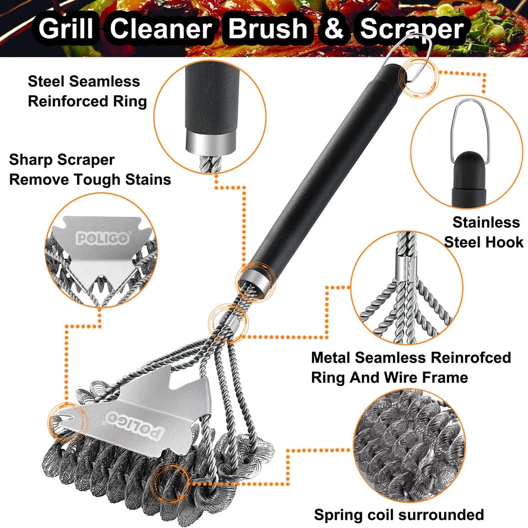 POLIGO BBQ Grill Cleaning Brush Bristle Free & Scraper Bundle with Grill Brush and Scraper for Gas Infrared Charcoal Porcelain Grills - Ideal Gift Grill Cleaning Brush for Grill Wizard Grate Cleaner