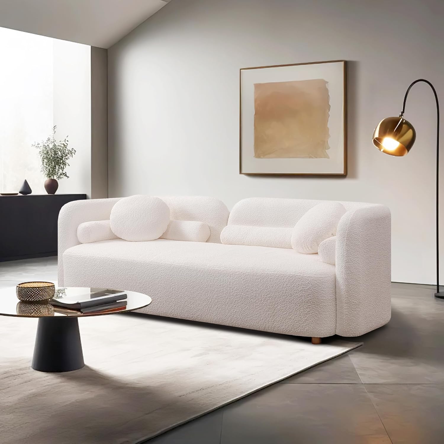 Yoglad 88.58‘’ 3-Seat Modern Curved Boucle Sofa, Cozy Thick Upholstered Teddy Loveseat, Half Moon Aesthetic Design Sherpa Couch for Small Living Room Bedroom Apartment (White)