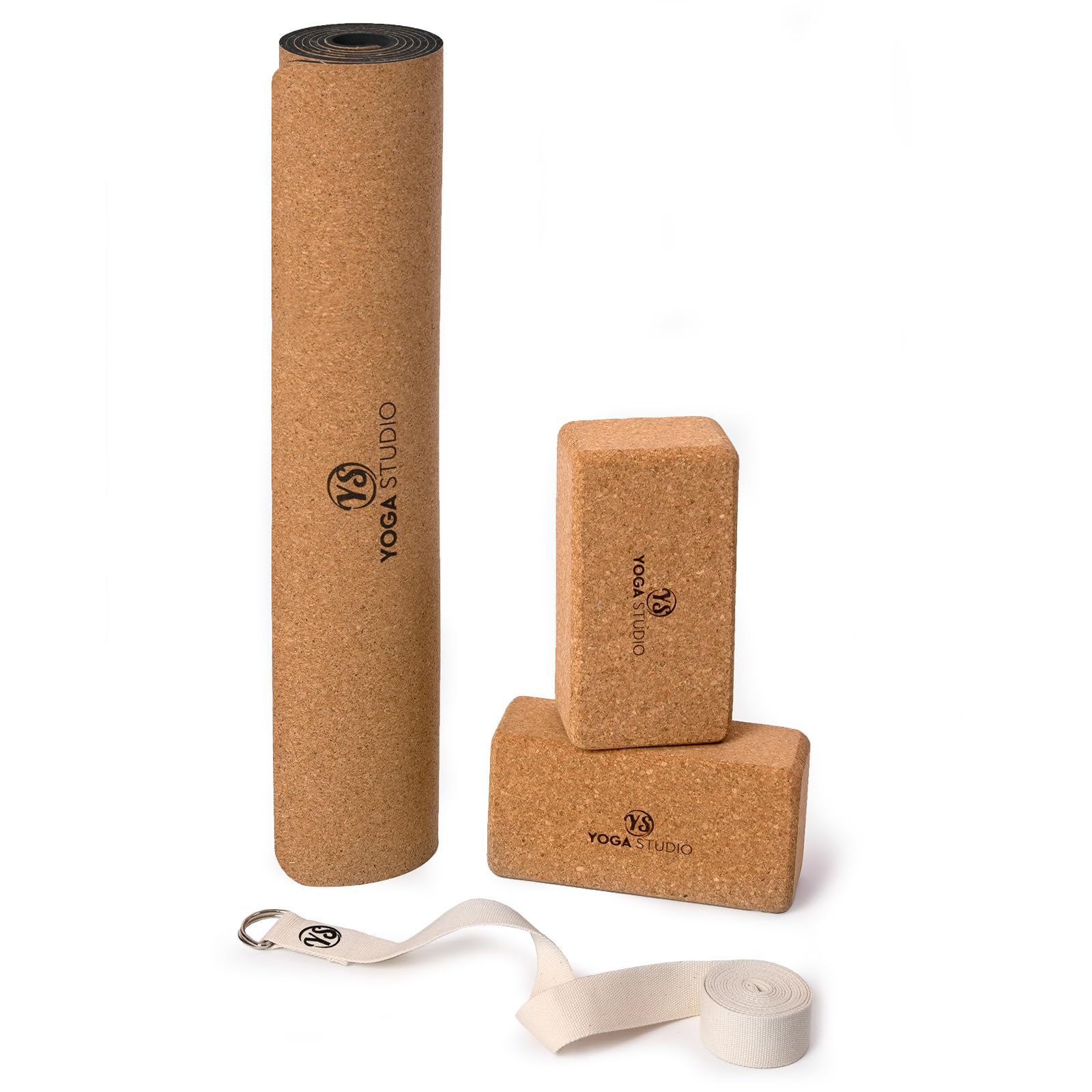 Yoga Studio Eco Starter - Juego de yoga de corcho para yoga, 2 ladrillos de corcho (bloques), correa de anillo en D, kit de yoga