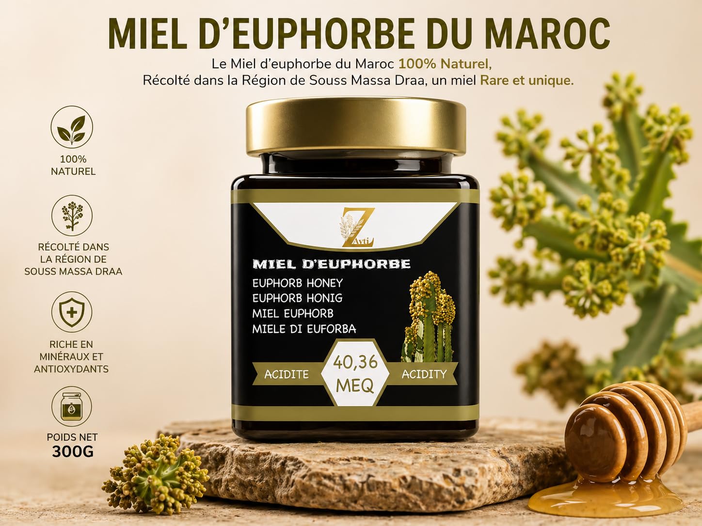 Miel d'Euphorbe 100% pur & Naturel. Miel Cru de Daghmous. Vraie Premium - Pot de 300g - Recueilli Au Maroc. Une Grande Variété De Saveurs Délicieuses.