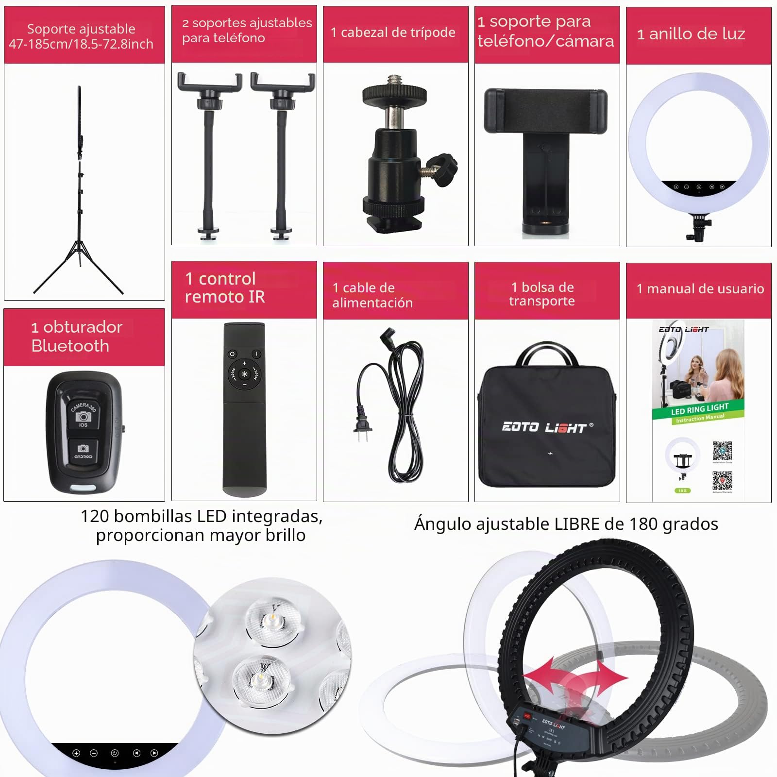 Anillo de luz LED de 18 Pulgadas con Soporte para trípode, Panel táctil Selfie Ring Light para Makeup Studio Youtube Portrait Video con Bolsa de Transporte y Control Remoto, CRI>90