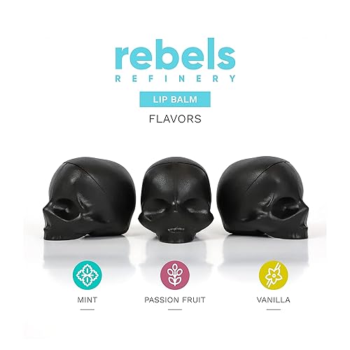 Miniatura 7 de Rebels Refinery Paquete de 3 bálsamos labiales en forma de calavera, negro, menta, vainilla y maracuyá